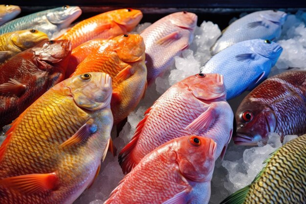 Closeup de peixe fresco no gelo exibido em um mercado criado com generative ai