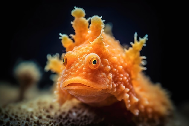 Closeup de peixe-sapo laranja vívido com pele texturizada de coloração única e camuflagem fascinante