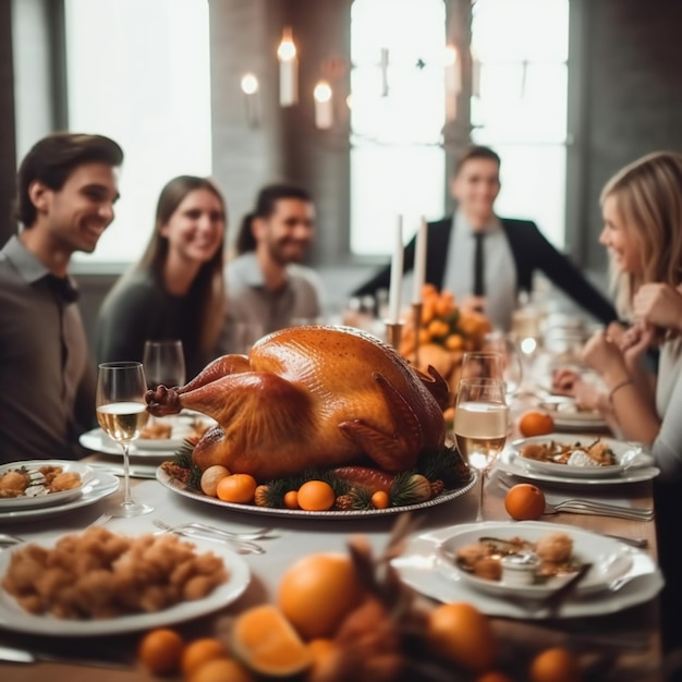 Closeup de peru assado na mesa festiva comemorando o Dia de Ação de Graças ou o Natal