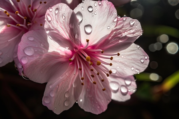 Closeup de pétalas de flor de cerejeira com gotas de orvalho e luz solar criada com generative ai