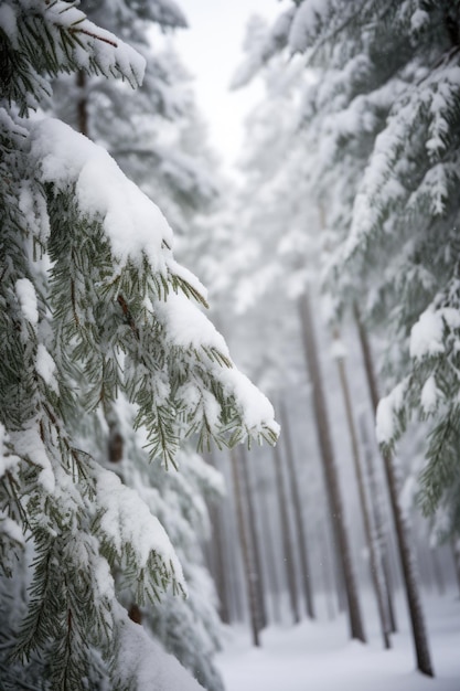 Closeup de pinheiros cobertos de neve no inverno com copyspace criado com generative ai