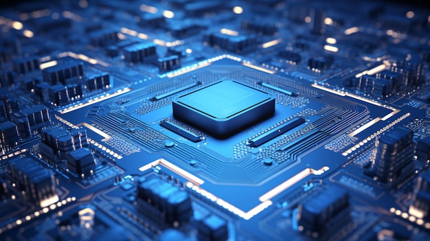 Closeup de placas de circuito eletrônico e microchips de CPU componentes eletrônicos futuro big data conne