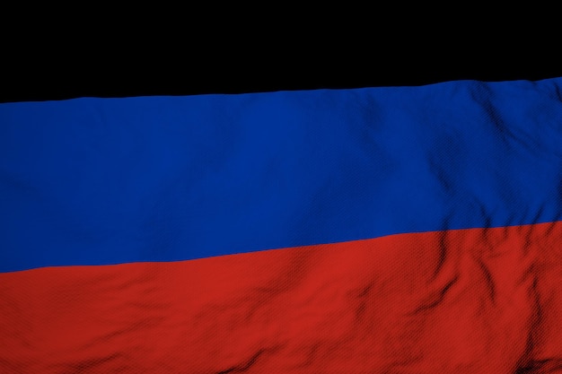 Closeup de quadro completo em uma bandeira ondulante da República Popular de Donetsk em renderização em 3D