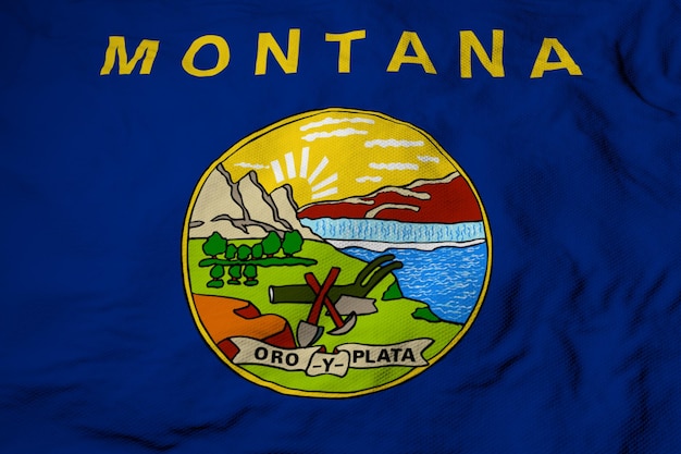 Closeup de quadro completo em uma bandeira ondulante de Montana, EUA, em renderização em 3D