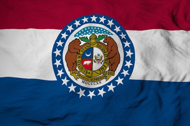 Closeup de quadro completo em uma bandeira ondulante do Missouri EUA em renderização em 3D