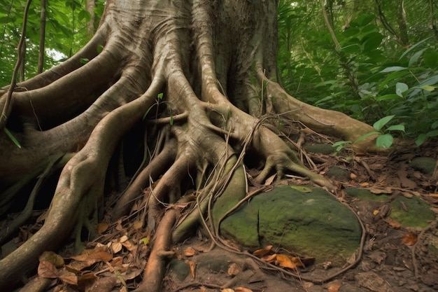 Closeup de raízes de árvores crescendo em ambiente natural criado com generative ai