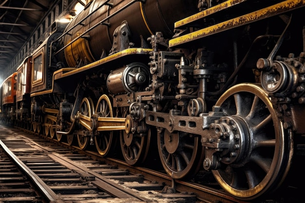 Closeup de rodas de locomotivas a vapor e máquinas criadas com generative ai