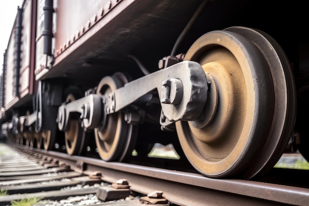 Foto closeup de rodas de trem rolando ao longo dos trilhos