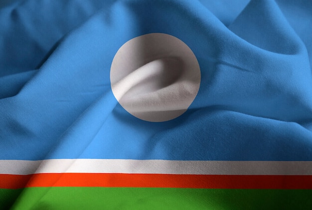 Foto closeup, de, ruffled, sakha, república, bandeira, sakha, república, bandeira, soprando, em, vento