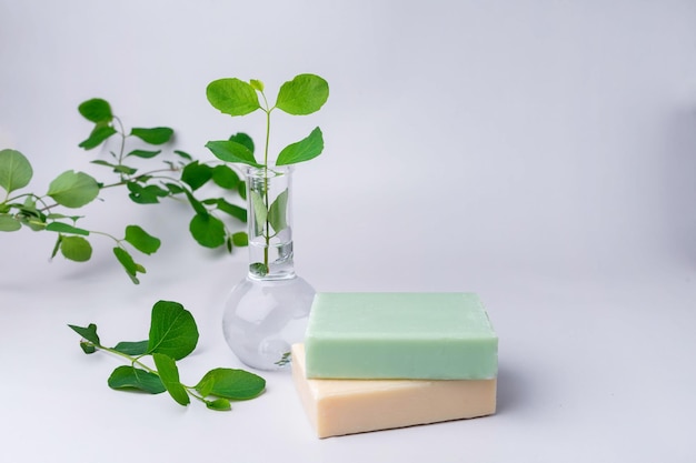 Closeup de sabonete de ervas feito à mão Folhas verdes Conceito de spa Cena de maquete de produto de pele Cosmético pro