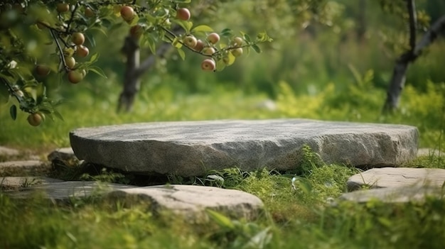 closeup de superfície de pedra contra o fundo de árvores floridas em um dia ensolarado de primavera