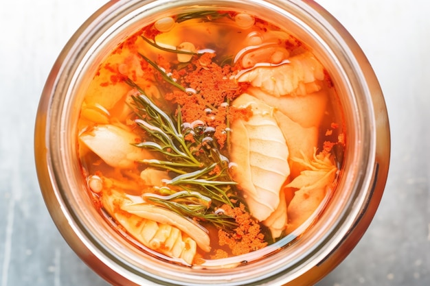 Foto closeup de textura kimchi dentro de um frasco de fermentação transparente com bolhas