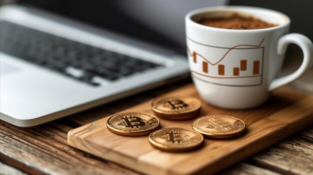 CloseUp de tokens de Bitcoin e uma caneca financeira ao lado do laptop