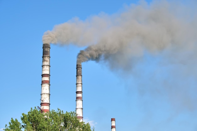 Closeup de tubos altos de usina térmica com fumaça preta movendo-se para cima atmosfera poluente Produção de energia elétrica com conceito de combustível fóssil