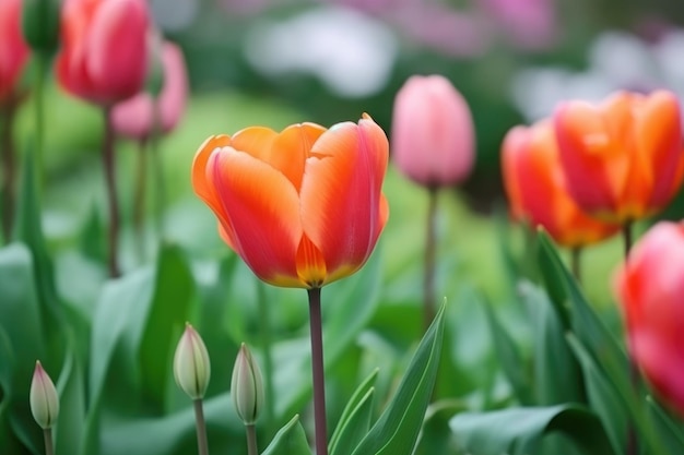 Closeup de tulipas com folhas de plantas verdes na natureza criadas com generative ai