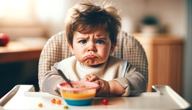 CloseUp de um bebê que se recusa a comer em uma cadeira alta