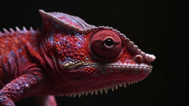 Closeup de um camaleão roxo olhando para a câmera do ângulo lateral sobre o fundo preto