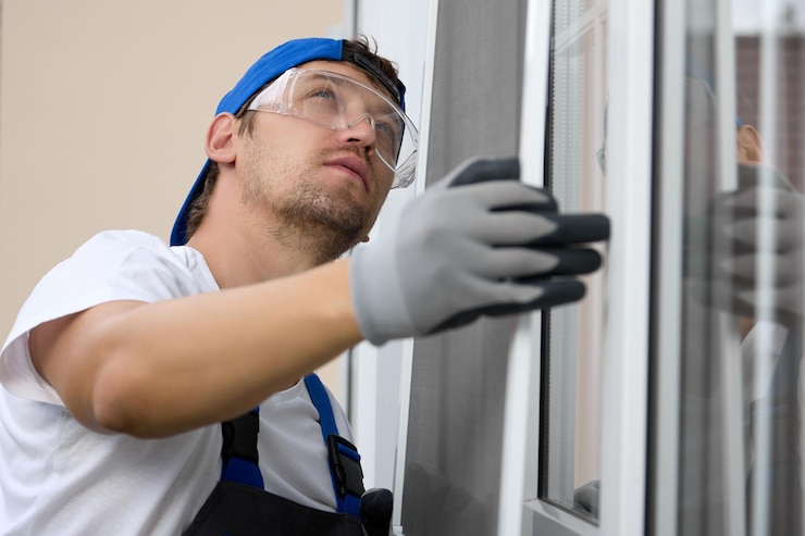 Foto closeup de um instalador de janelas experiente instalando uma grade na janela de plástico o instalador mestre segura uma rede mosquiteira na mão e a instala em montagens especiais