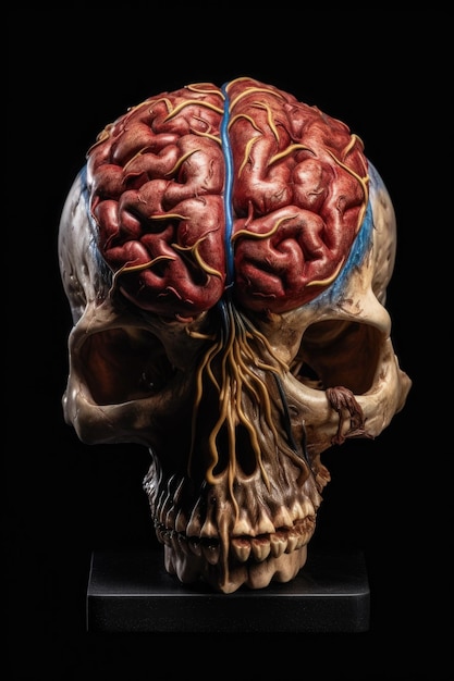 Closeup de um modelo de cérebro humano em um fundo escuro criado com generative ai