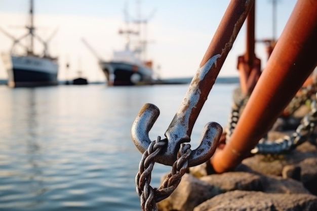 Foto closeup de uma âncora de navios no porto