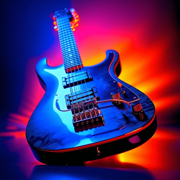 Foto closeup de uma guitarra com reflexos e fundo colorido