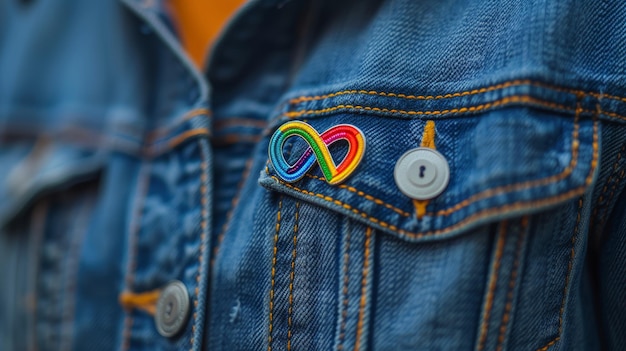 Foto closeup de uma jaqueta de denim com inteligência artificial geradora de rainbow pin de conscientização sobre o autismo