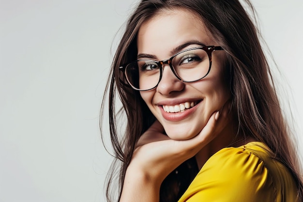 Foto closeup de uma jovem atraente usando óculos em um fundo branco e isolado