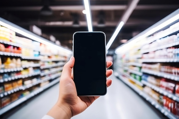 Closeup de uma mão segurando um smartphone com uma tela móvel em um fundo desfocado das prateleiras do supermercado