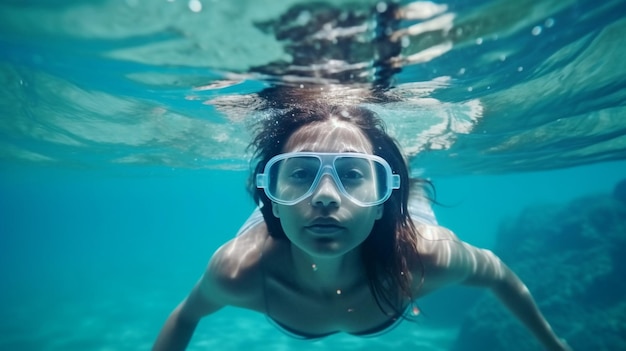 Closeup de uma mulher nadando debaixo d'água em um oceano azul claro em Mauritius Generative AI