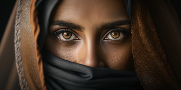 closeup de uma mulher velada com olhos dourados, criativo ai