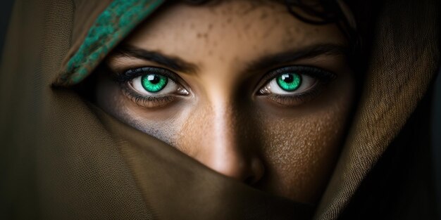 closeup de uma mulher velada com olhos verdes, criativo ai