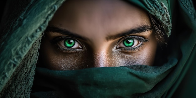 closeup de uma mulher velada com olhos verdes, criativo ai