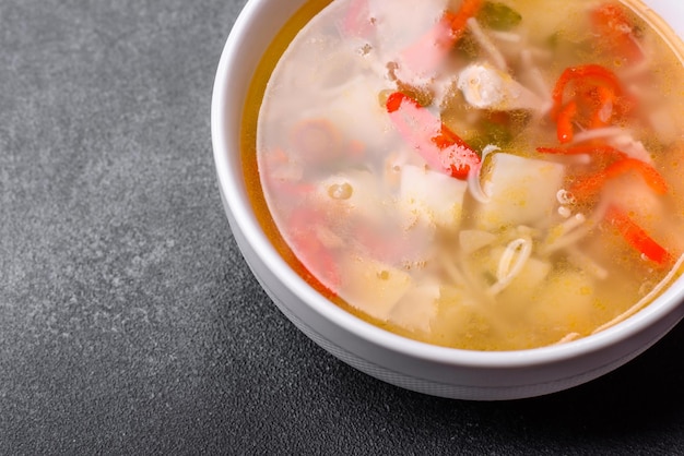 Closeup de uma tigela de macarrão de frango e sopa de legumes em uma mesa de concreto