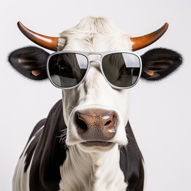 Closeup de vaca com óculos de sol em fundo branco