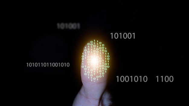 Closeup dedo toque computador virtual código binário fundo escuro identificação proteção e permissão acesso conceito polegar scanner sistema de segurança espaço livre para texto
