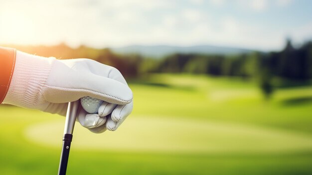 Foto closeup des handschuhs, der den golfclub hält