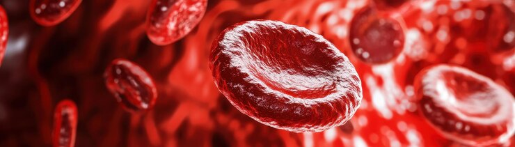 Closeup detallado de glóbulos rojos en fluido rojo brillante con espacio de copia para antecedentes médicos