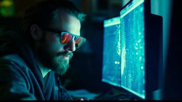 Closeup do codificador em óculos com reflexo do monitor com código trabalhando no sistema de segurança de teste de software de desenvolvimento de computador focado na tela com linguagem de programação Ilustrador de IA generativa