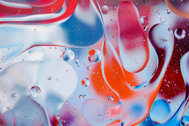 Closeup do movimento de gotas de óleo na superfície da água Macro abstrato colorido de gotas de óleo na superfície da água