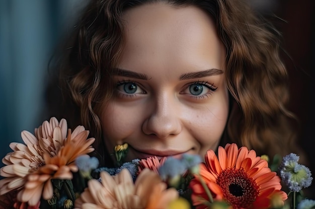 Closeup do rosto de meninas com um buquê de flores frescas