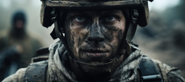 Closeup do rosto de um soldado que está coberto de sujeira e usando um capacete Generative AI