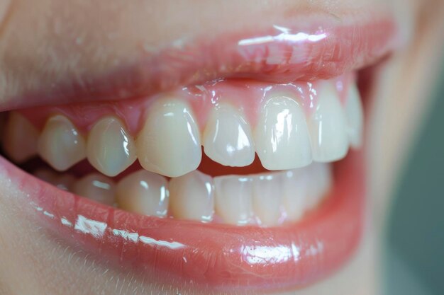 CloseUp do sorriso de uma mulher de 39 anos mostrando dentes brancos e gengivas saudáveis