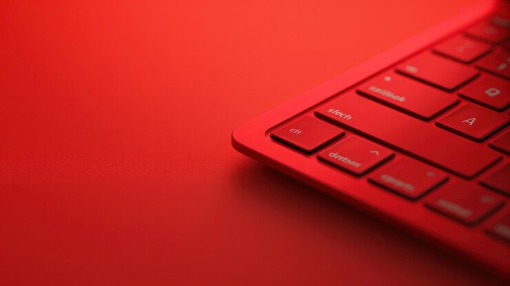 Foto closeup do teclado vermelho em superfície vermelha com espaço de cópia para o fundo do conceito de tecnologia