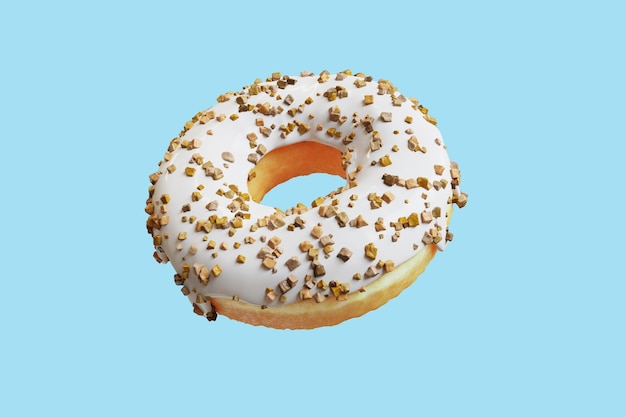 Closeup Donut cobertura com amêndoa Glacê doce isolado flutuando sobre fundo azul. Renderização 3D