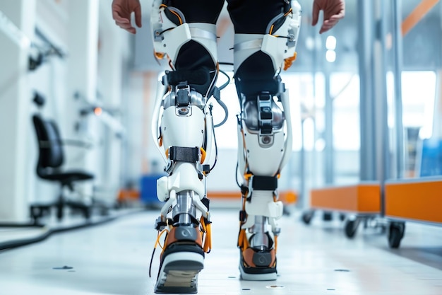 Foto closeup einer person beine und beine in rollschuhen roboter-exoskelett hilft einer gelähmten person zu laufen