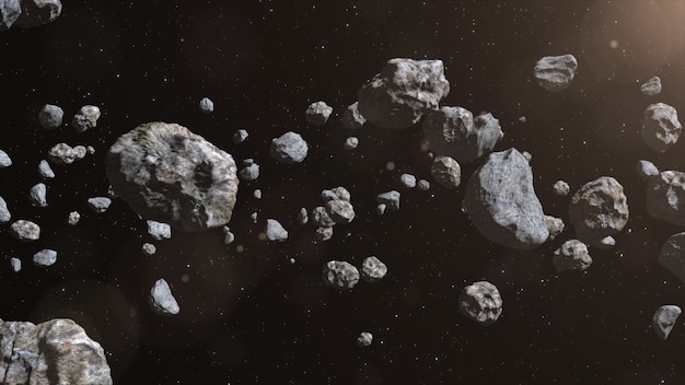 Closeup em pedaços de meteoro no espaço.