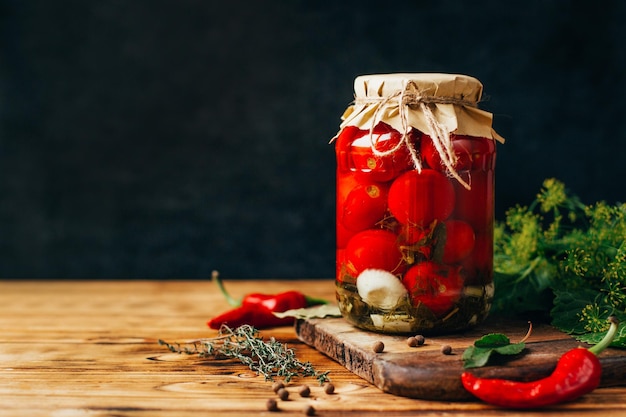 Foto closeup em um pote de tomate em conserva com temperos verdes com pimenta em uma mesa de madeira em um fundo escuro