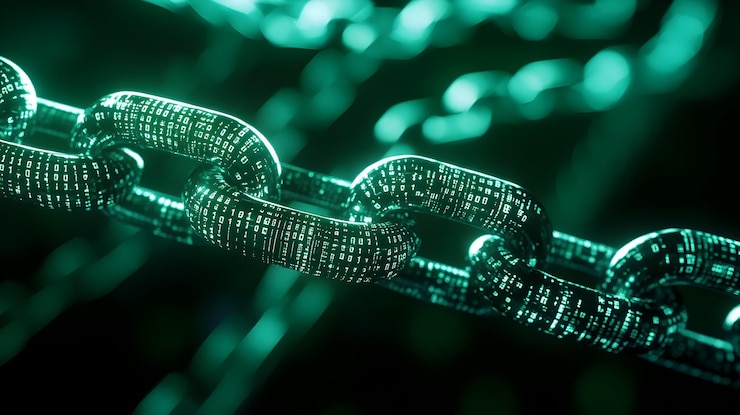 Foto closeup de los enlaces de la cadena de blockchain digital iluminados en verde que representan tecnología descentralizada y transferencia de datos segura ai generativa