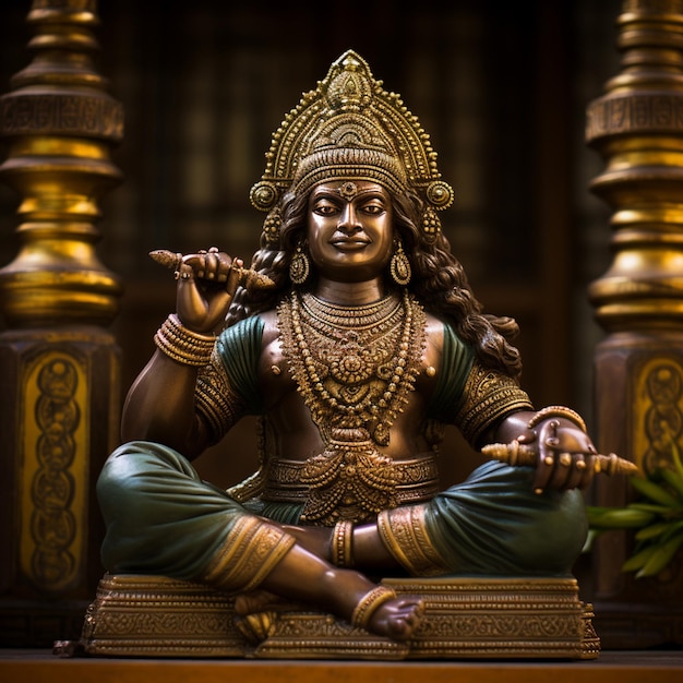 Foto closeup de la escultura de la deidad hindú con detalles intrincados en el templo