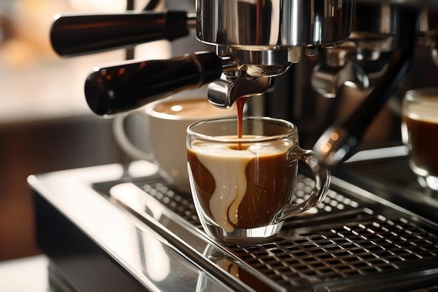 Foto closeup espresso derramado da máquina de café profissional preparação de café ai